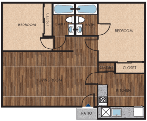 A drawing of a house layout with a living room, two bedrooms, a bathroom, a kitchen, a patio, and a tying room.
